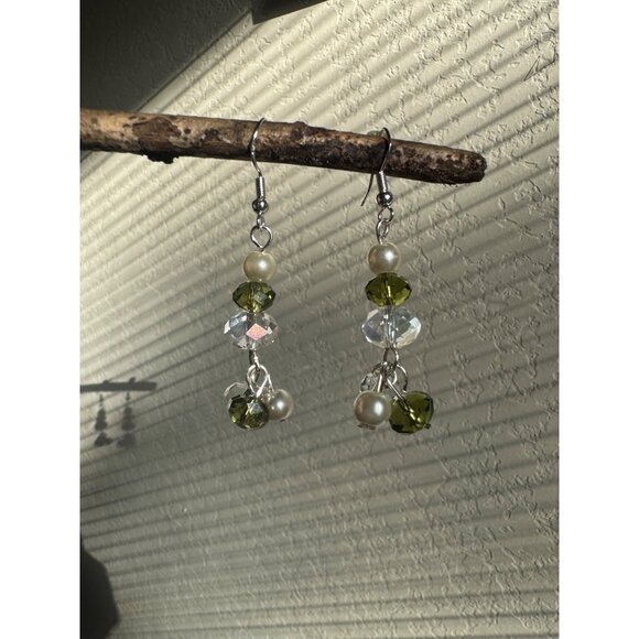 Handmade Sterling Silver Earrings W/ Freshwater Pearls & Green Multifaceted Crys - Picture 7 of 12